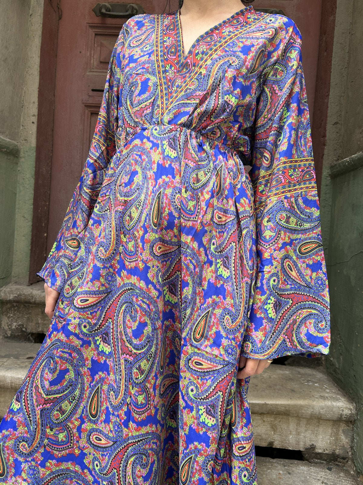Bohem Nepal Mavi Pembe İpek Elbise