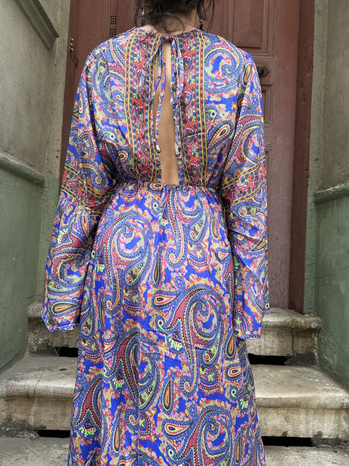 Bohem Nepal Mavi Pembe İpek Elbise