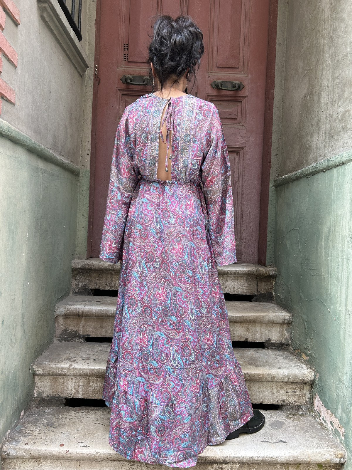 Bohem Nepal Mor Pembe İpek Elbise