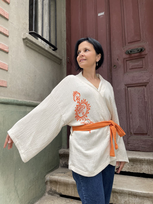Güneş Desenli Kadın Müslin Kimono