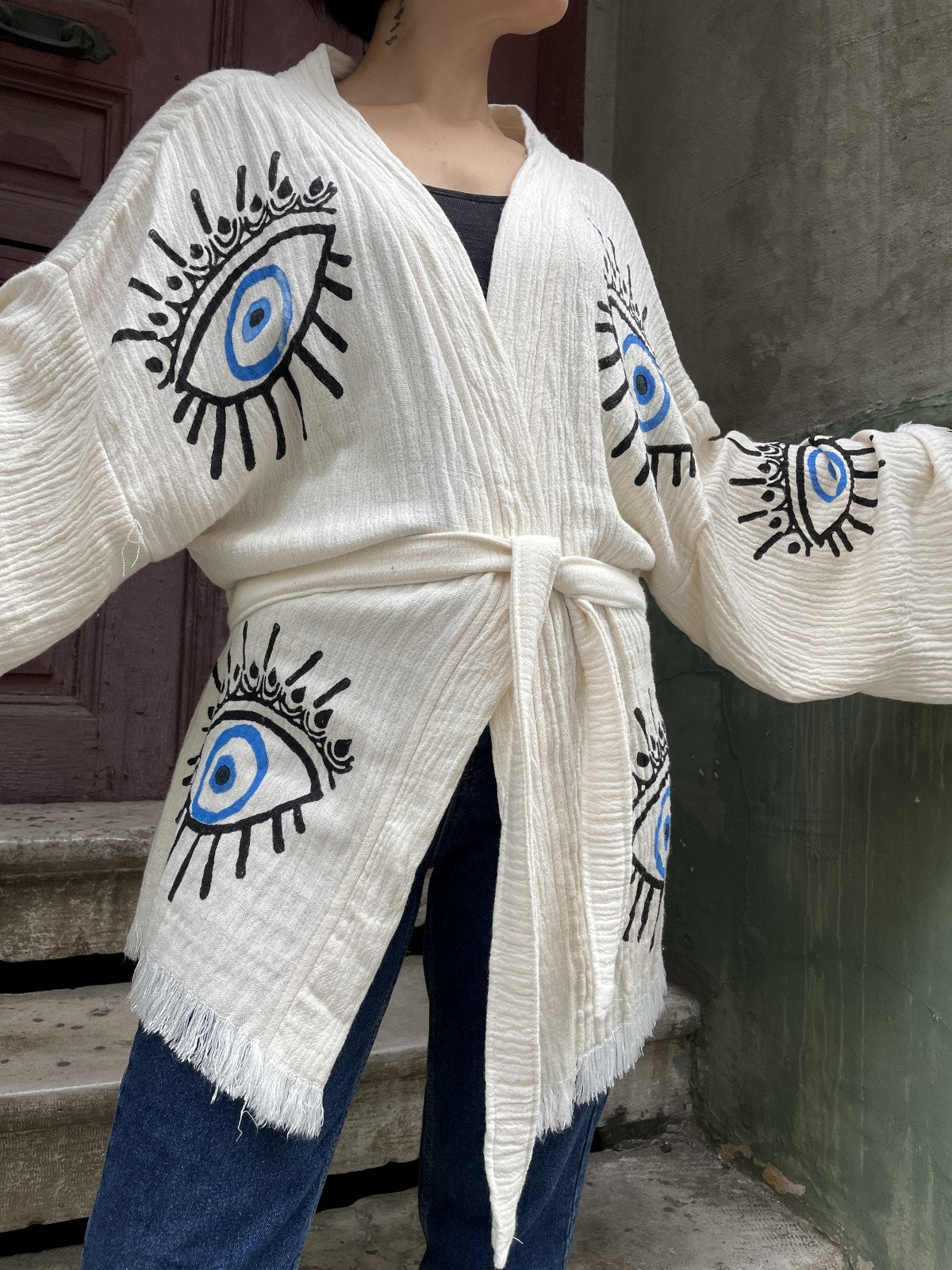 Mavi Göz Desenli Kadın Müslin Kimono