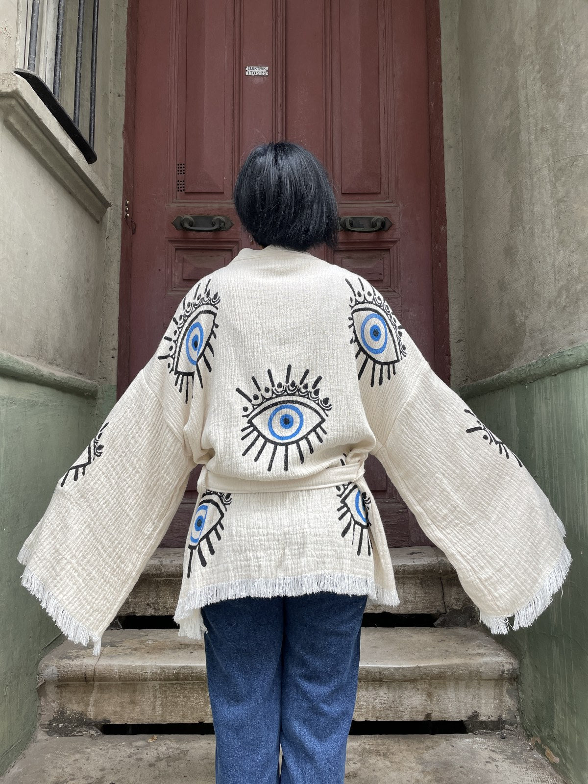 Mavi Göz Desenli Kadın Müslin Kimono
