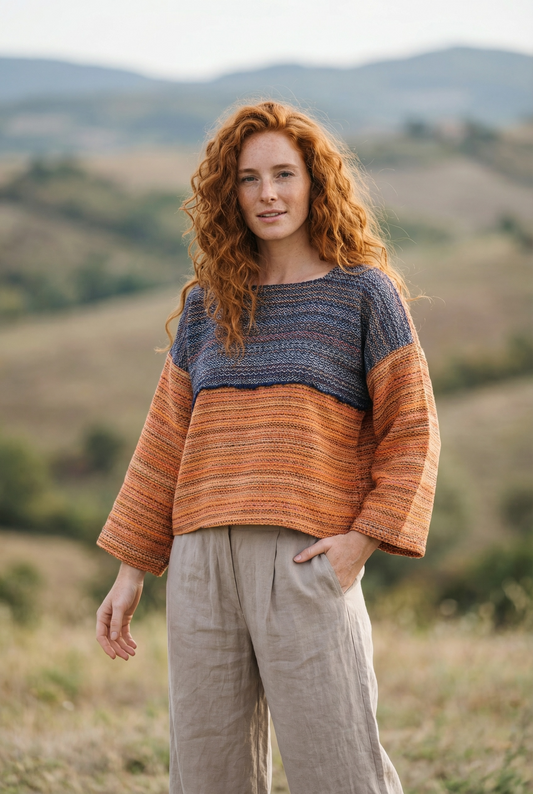 Turuncu Patchwork Dokuma Kadın Bluz – Tek Üretim, %100 Pamuk, Sürdürülebilir Tasarım