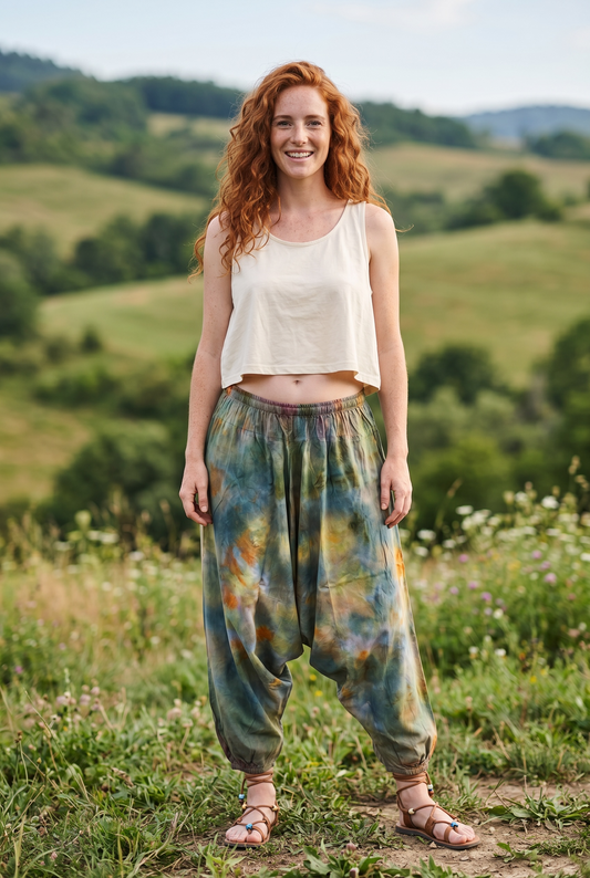 Olive | Batik Desenli %100 Pamuk Kadın Bohem Şalvar Pantolon