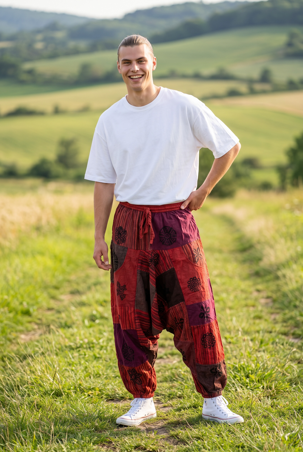 Unisex Nepal Patchwork Şalvar Pantolon – Kiremit Bordo, Salaş Tasarım