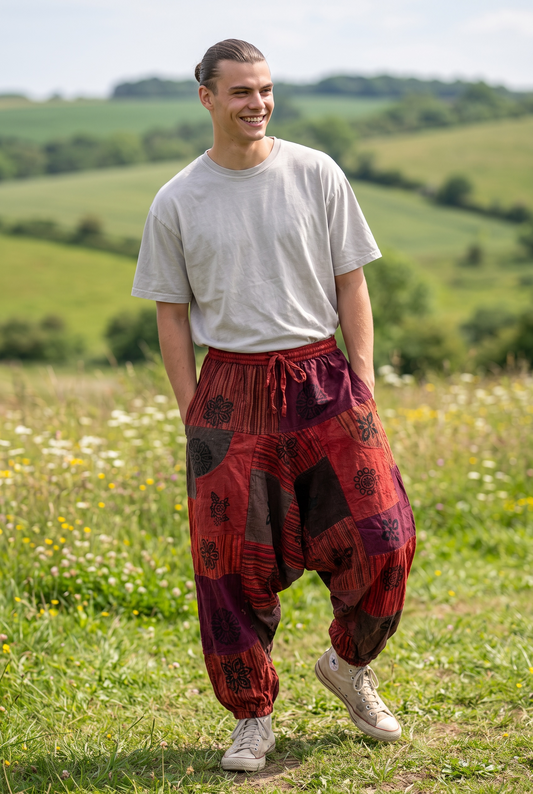 Unisex Nepal Patchwork Şalvar Pantolon – Kiremit Bordo, Salaş Tasarım