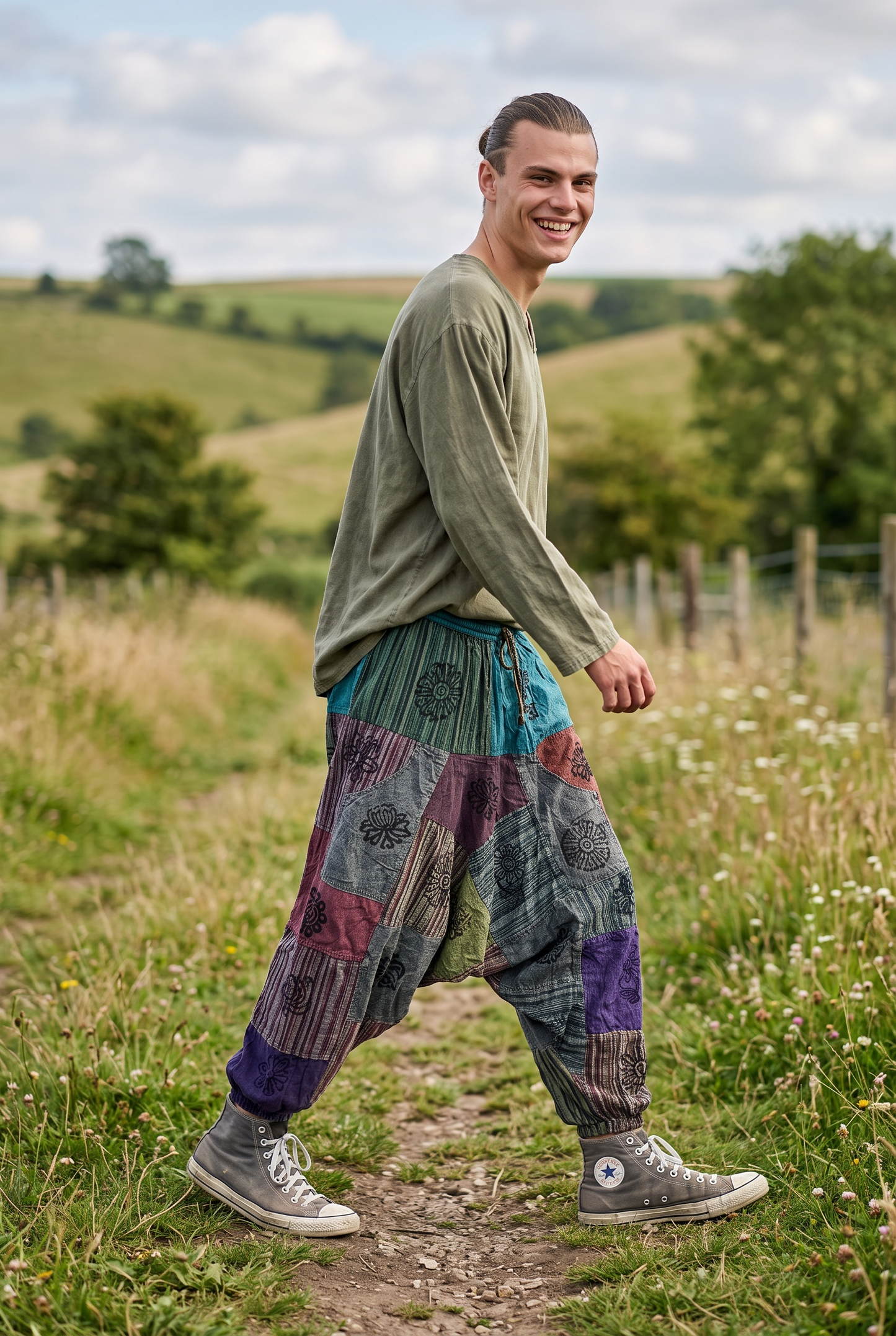Unisex Nepal Patchwork Şalvar Pantolon – Gri Mor, Salaş Tasarım