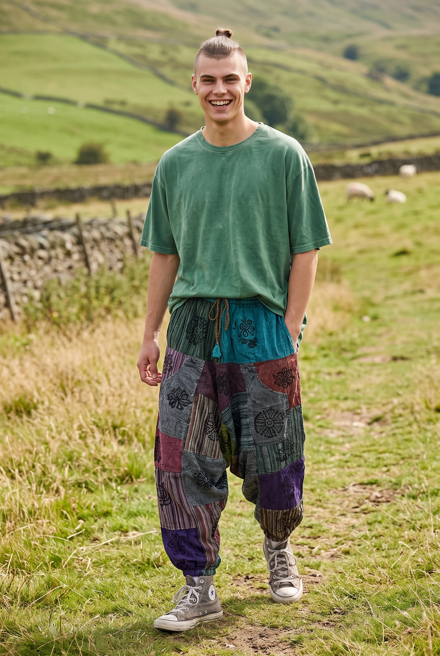 Unisex Nepal Patchwork Şalvar Pantolon – Gri Mor, Salaş Tasarım