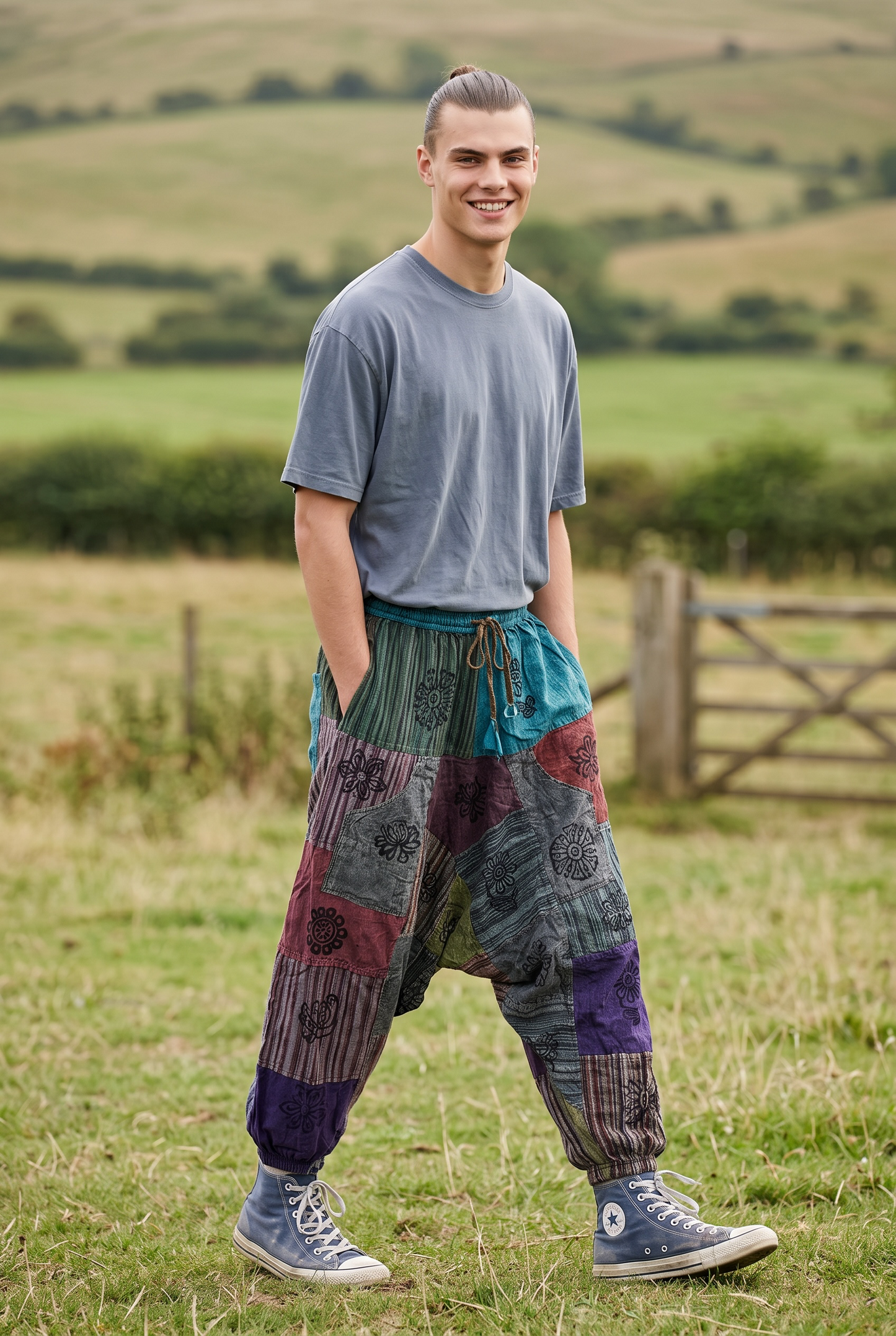 Unisex Nepal Patchwork Şalvar Pantolon – Gri Mor, Salaş Tasarım