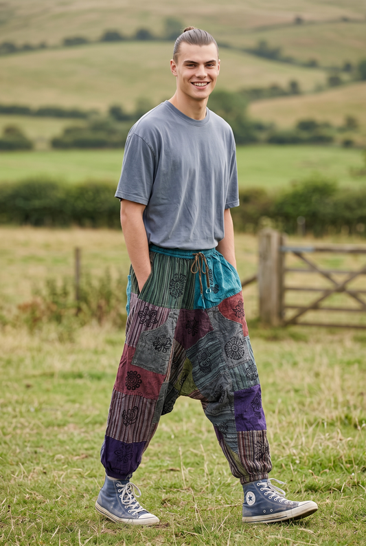 Unisex Nepal Patchwork Şalvar Pantolon – Gri Mor, Salaş Tasarım