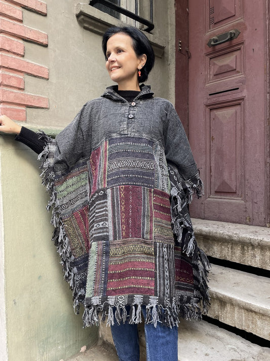 Unisex Antrasit Nepal Patchwork Kışlık Panço