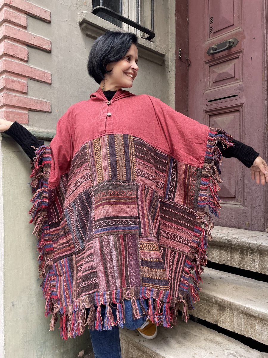 Unisex Bordo Nepal Patchwork Kışlık Panço