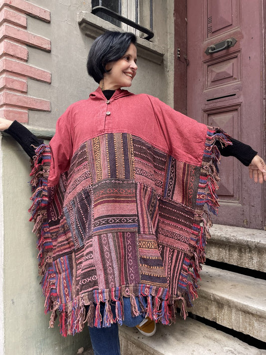 Unisex Bordo Nepal Patchwork Kışlık Panço