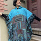 Unisex Mavi Nepal Patchwork Kışlık Panço