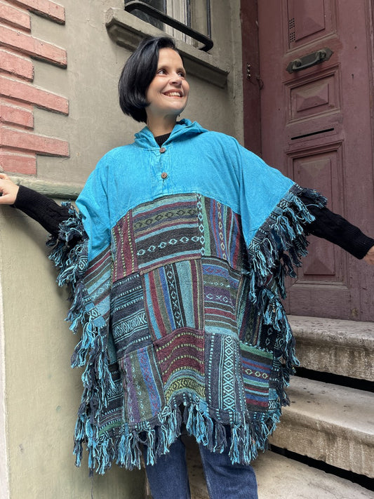 Unisex Mavi Nepal Patchwork Kışlık Panço