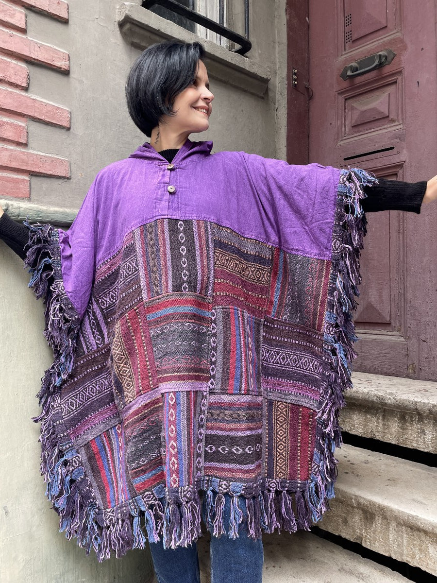 Unisex Mor Nepal Patchwork Kışlık Panço