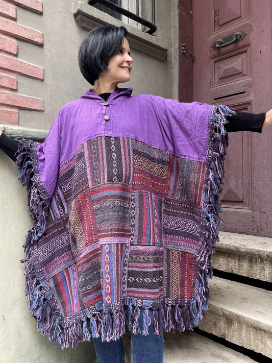 Unisex Mor Nepal Patchwork Kışlık Panço