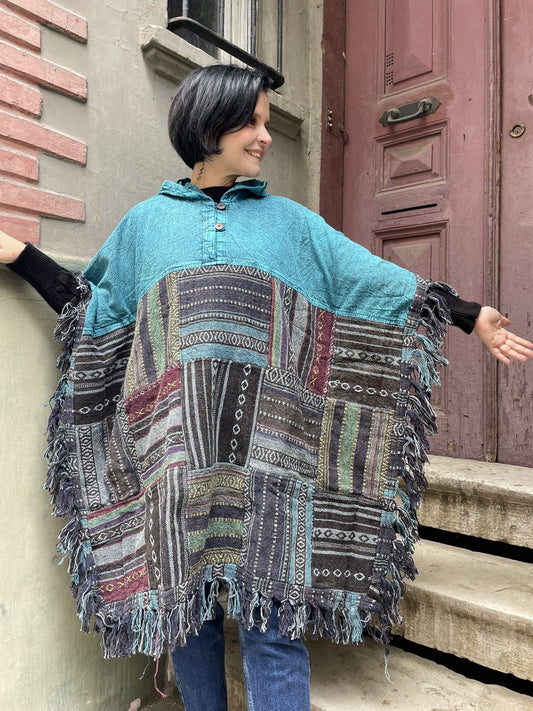 Unisex Turkuaz Nepal Patchwork Kışlık Panço