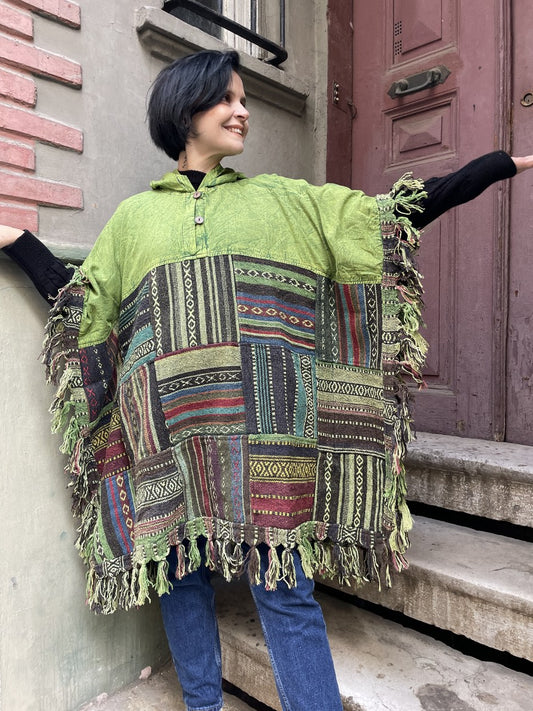 Unisex Yeşil Nepal Patchwork Kışlık Panço