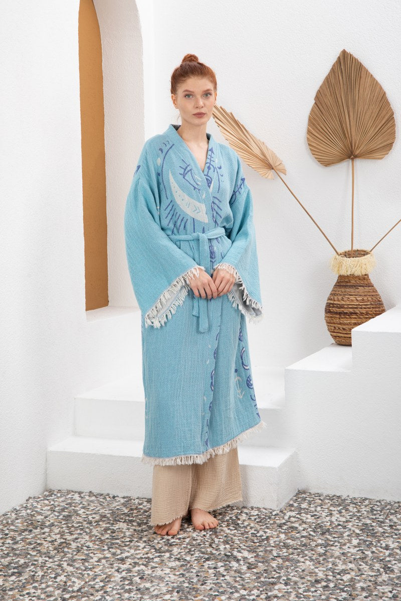 Mavi Bohem Kadın Göz Desenli Doğal Kumaş Kimono Bornoz Kaftan