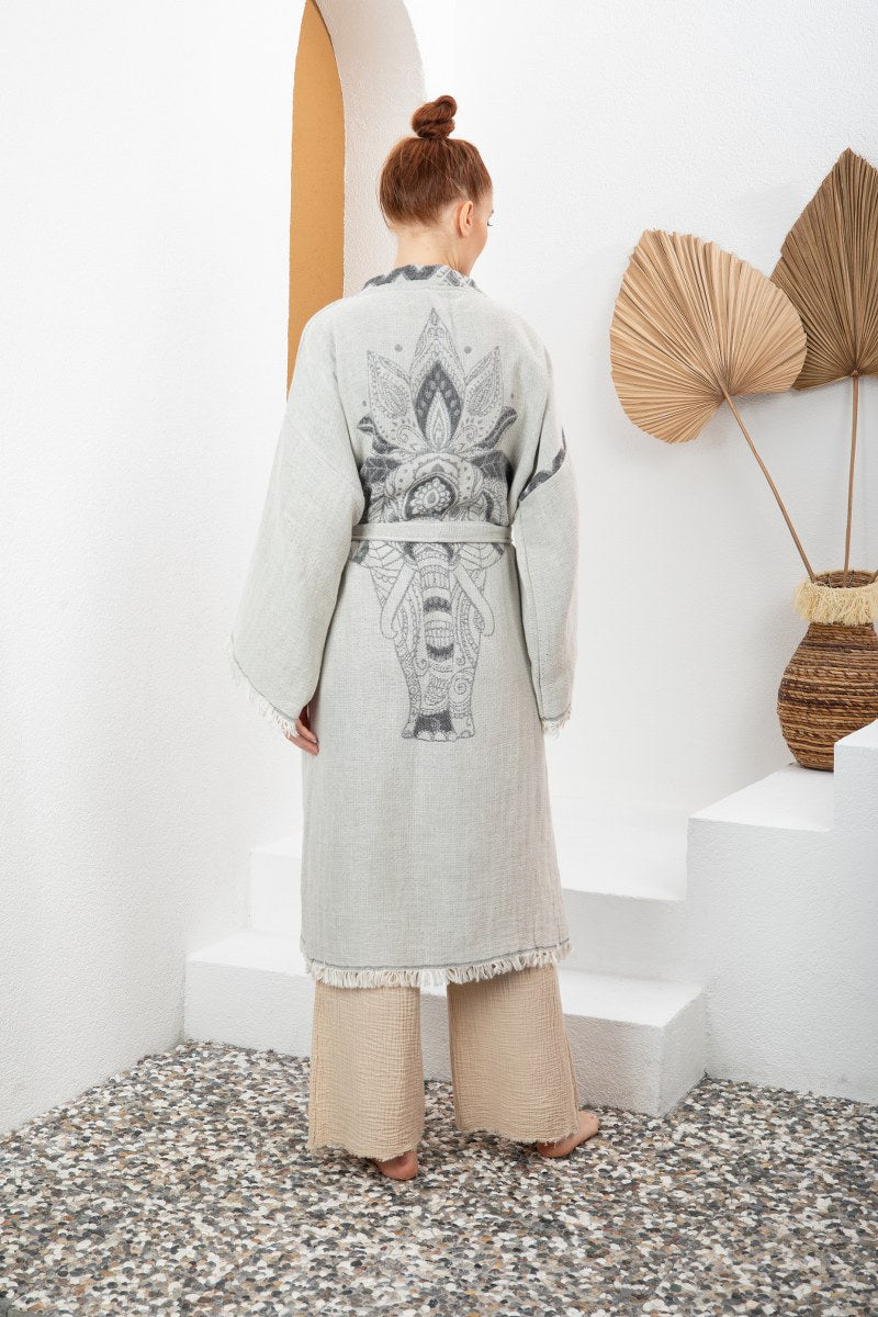 Soluk Gri Bohem Kadın Fil Desenli Doğal Kumaş Kimono Bornoz Kaftan