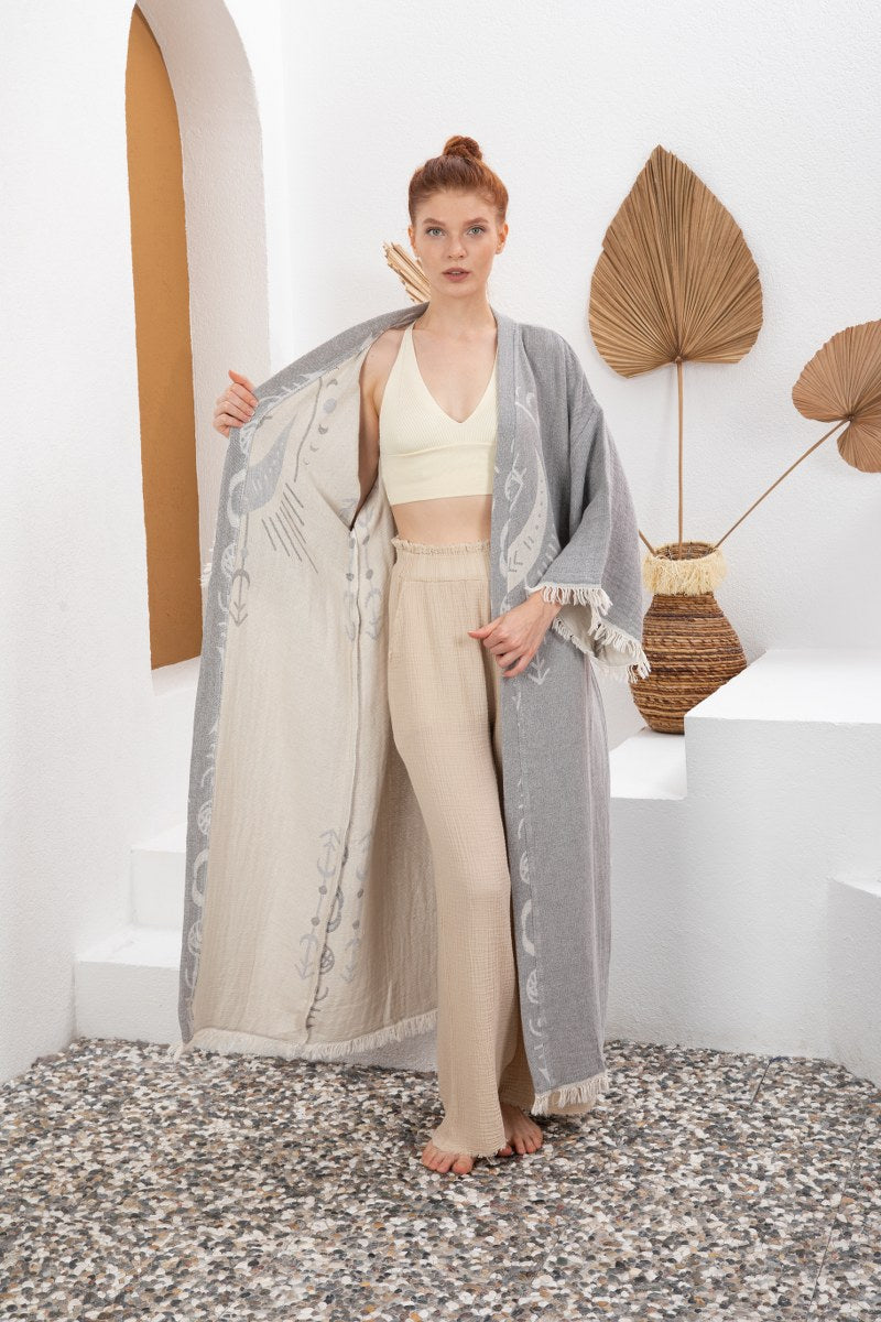 Soft Gri Bohem Kadın Göz Desenli Doğal Kumaş Kimono Bornoz Kaftan