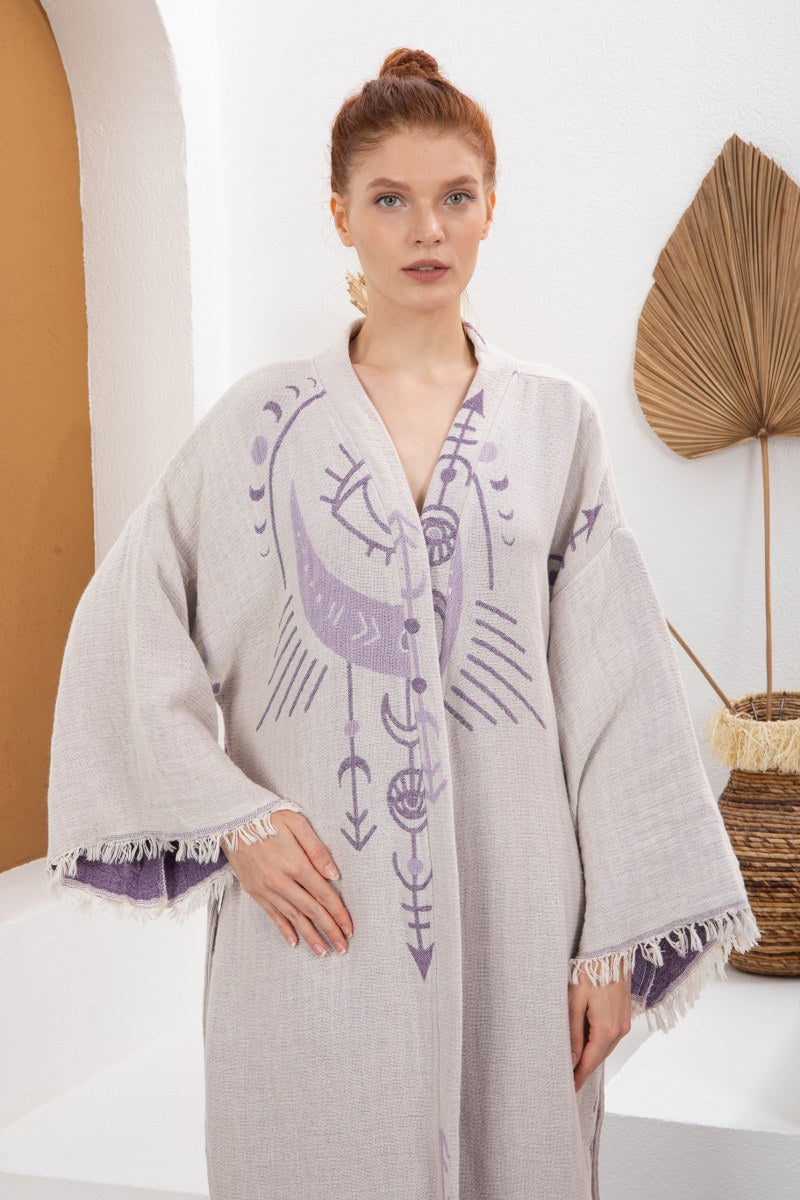 Açık Mor Bohem Kadın Göz Desenli Doğal Kumaş Kimono Bornoz Kaftan