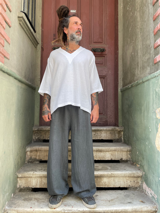 Bohem Erkek Cepli Keten Pantolon – Rahat Salaş Model, Lastikli Bel - Antrasit Gri