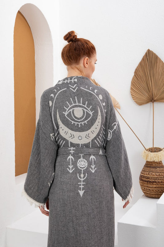 Antrasit Bohem Kadın Göz Desenli Doğal Kumaş Kimono Bornoz Kaftan