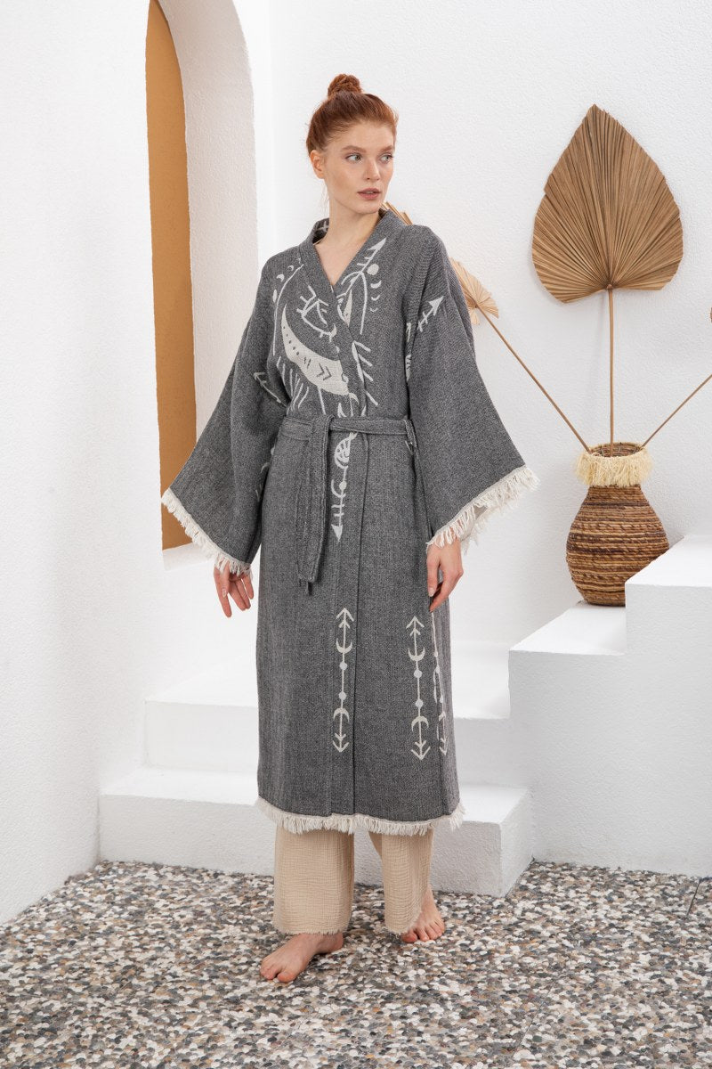 Antrasit Bohem Kadın Göz Desenli Doğal Kumaş Kimono Bornoz Kaftan