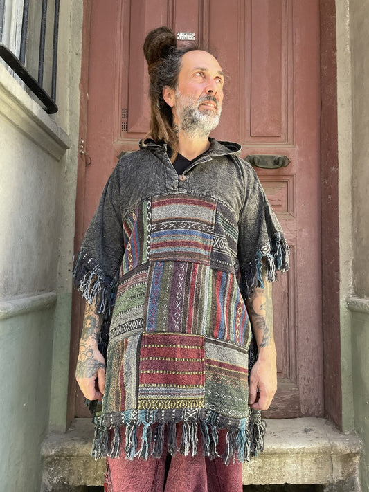 Unisex Nepal Patchwork Kışlık Panço – El Yapımı, Cotton & Baja Kumaş