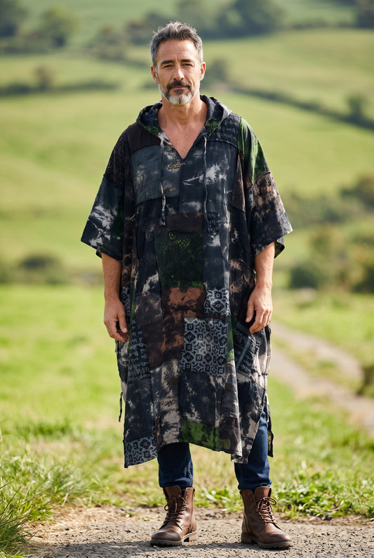 Kailash Nepal Patchwork Kapüşonlu Panço – Unisex Etnik Bohem Tasarım