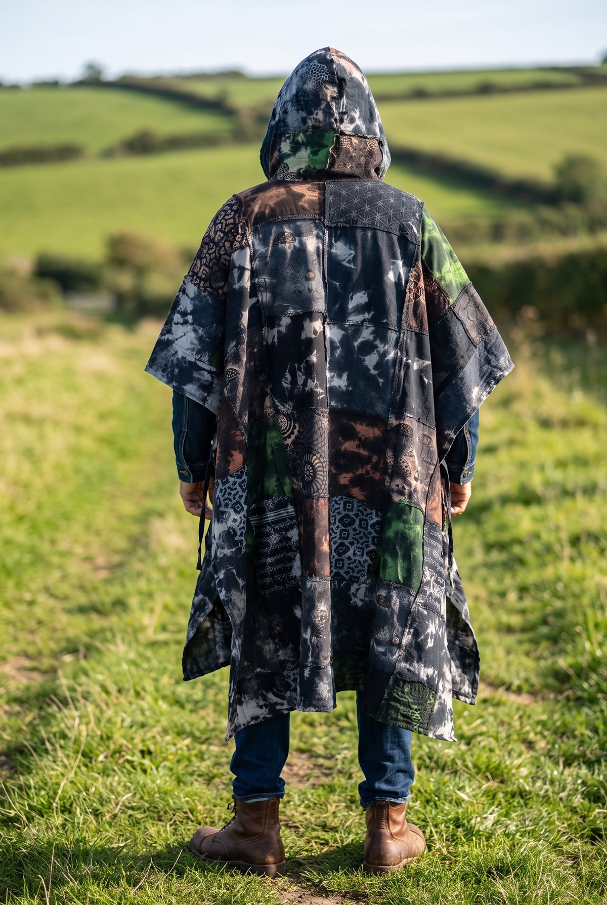 Kailash Nepal Patchwork Kapüşonlu Panço – Unisex Etnik Bohem Tasarım