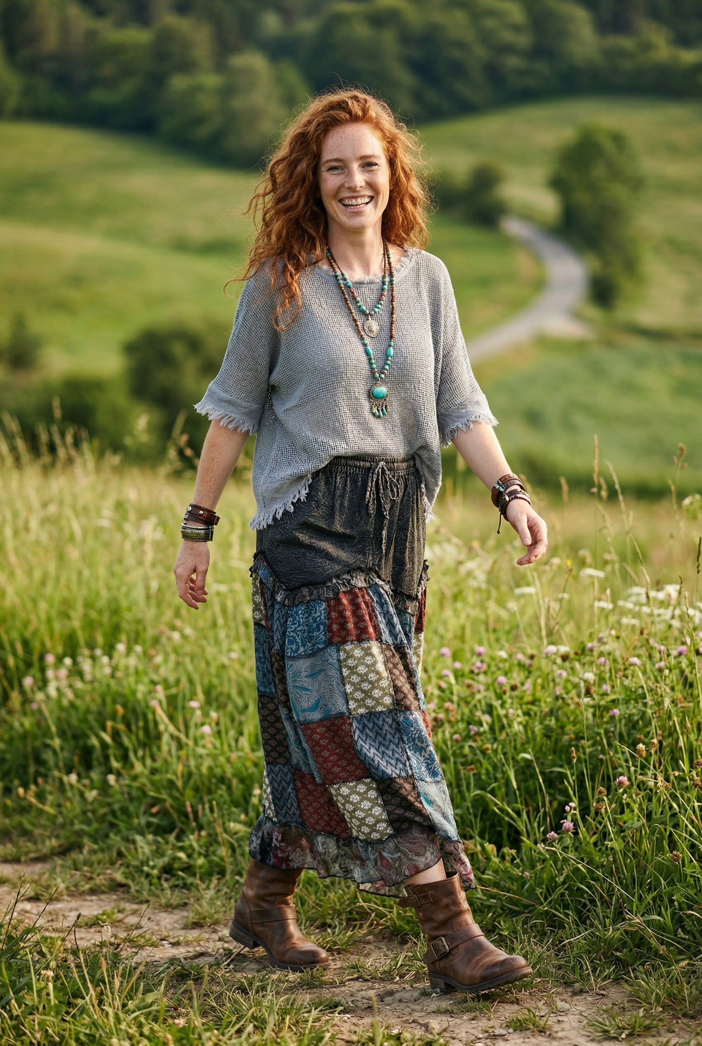 Nepal Patchwork Bohem Etek – %100 Pamuk, Lastikli Bel – Antrasit