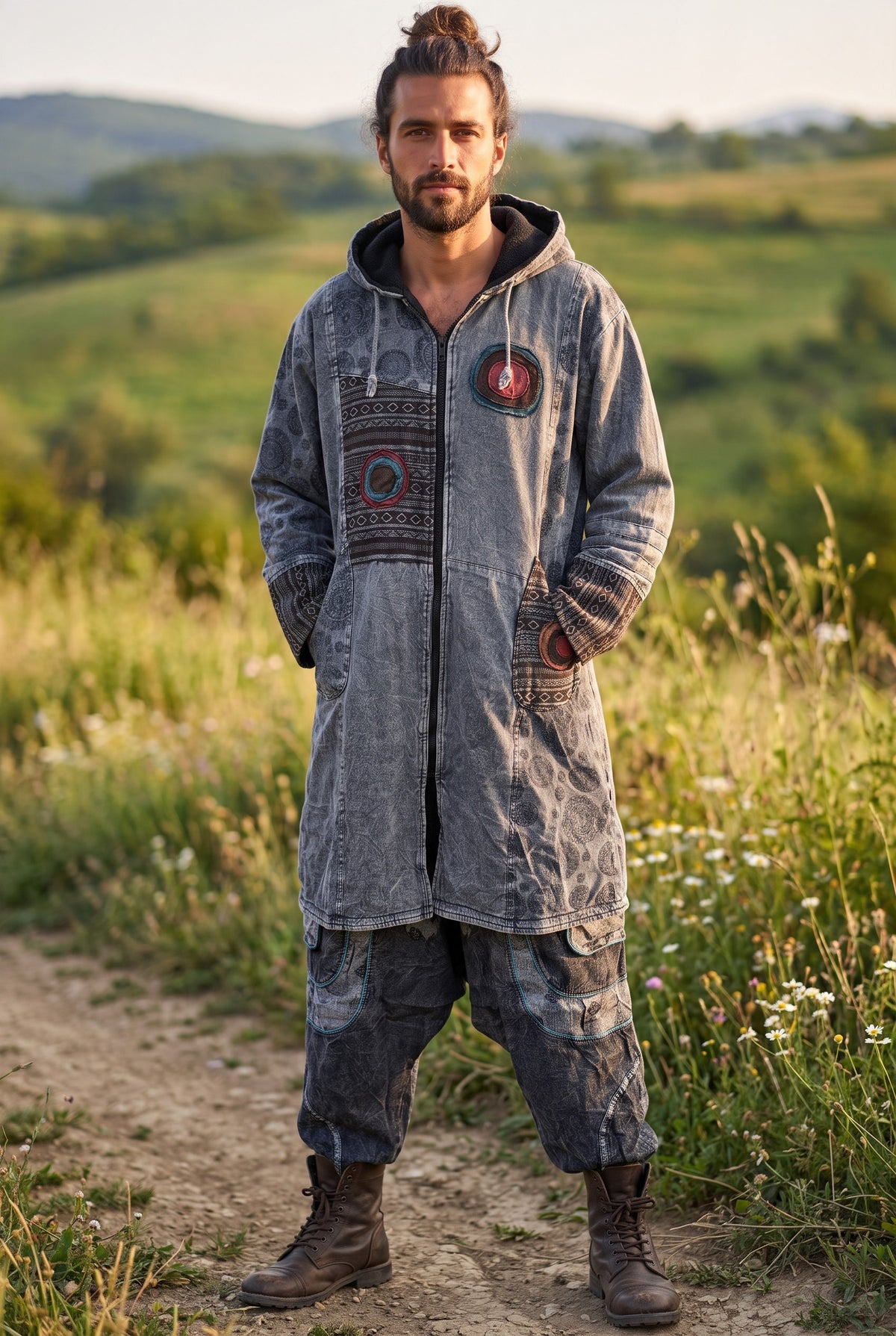 Unisex Nepal Etnik Patchwork Polar Astarlı Uzun Kapüşonlu Ceket Mont – Antrasit