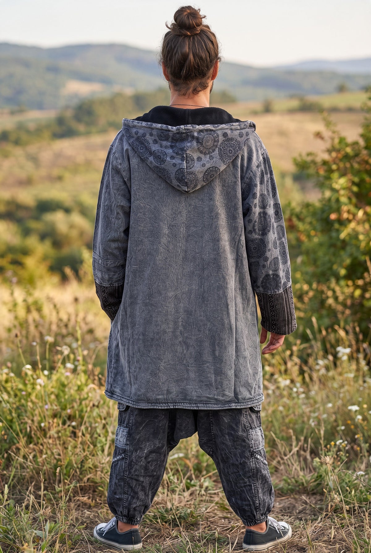 Unisex Nepal Etnik Patchwork Polar Astarlı Uzun Kapüşonlu Ceket Mont – Antrasit