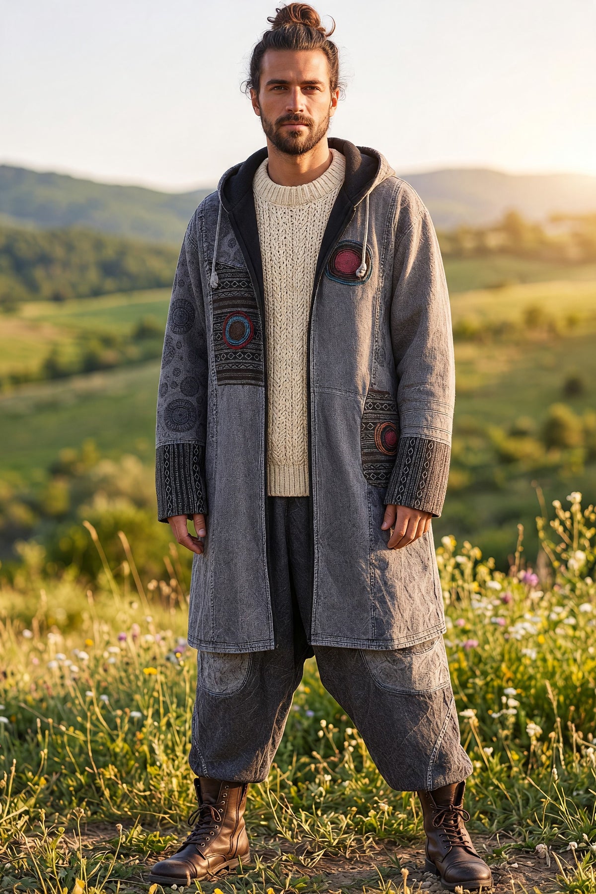 Unisex Nepal Etnik Patchwork Polar Astarlı Uzun Kapüşonlu Ceket Mont – Antrasit
