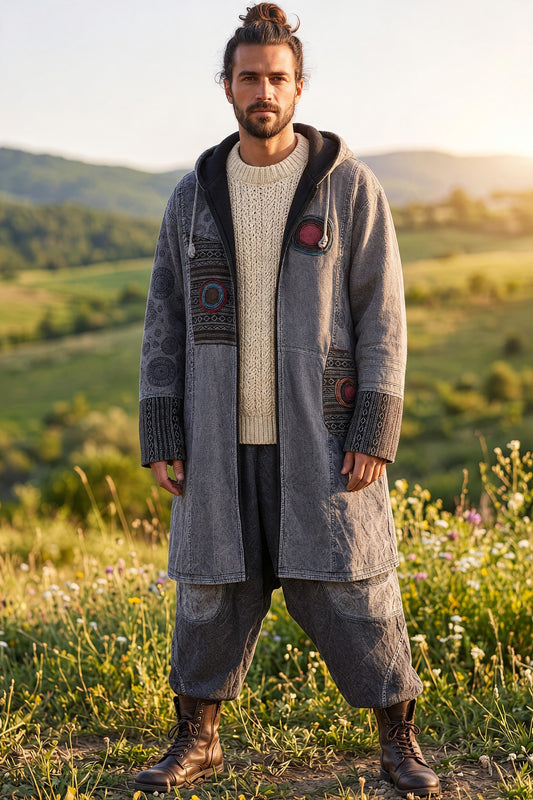 Unisex Nepal Etnik Patchwork Polar Astarlı Uzun Kapüşonlu Ceket Mont – Antrasit