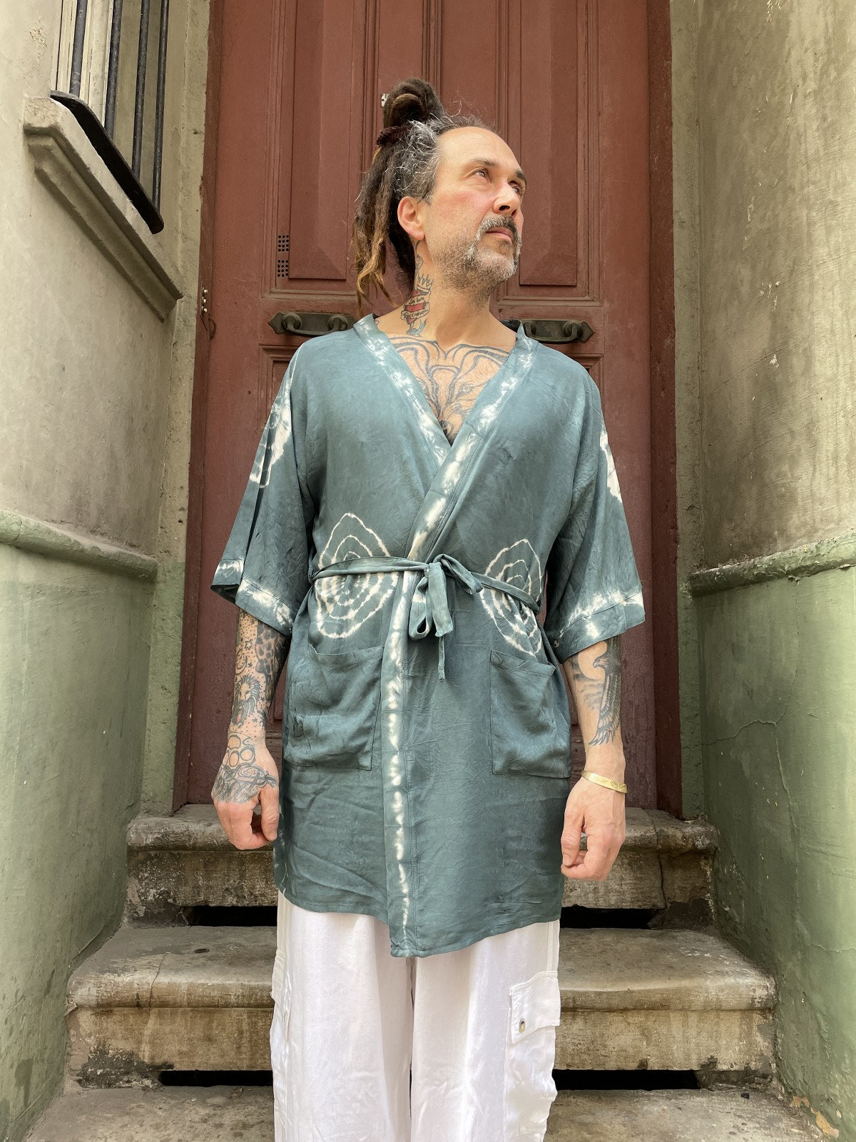 Unisex Bohem Antrasit Batik Tasarım Erkek Kimono Ceket