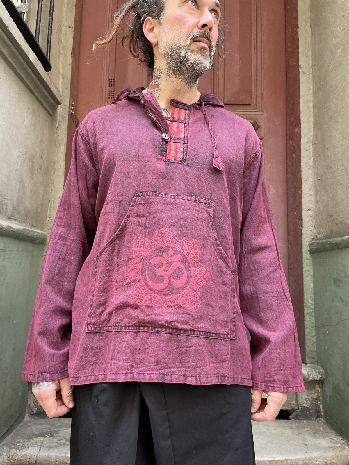 Bohem Nepal Aum Antresit Kapüşonlu Gömlek