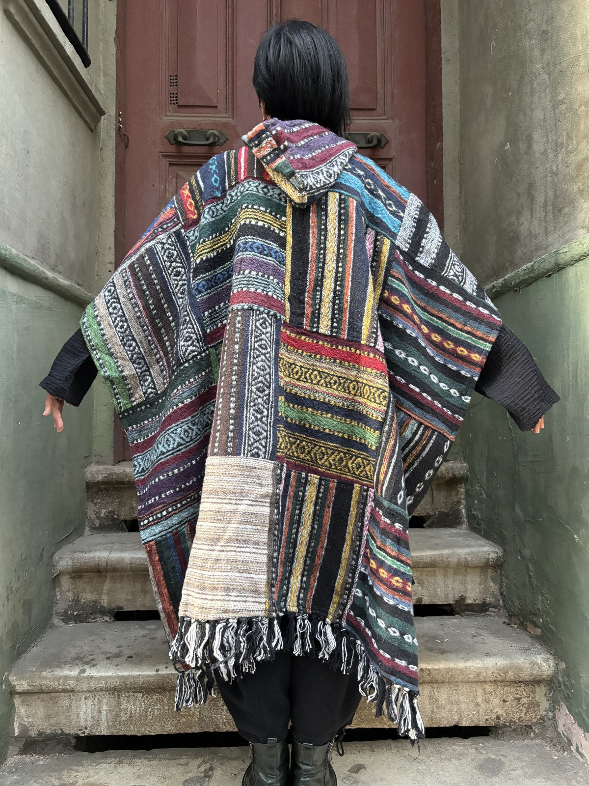 Unisex El Yapımı Patchwork Nepal Baja Gheri Kapüşonlu Panço