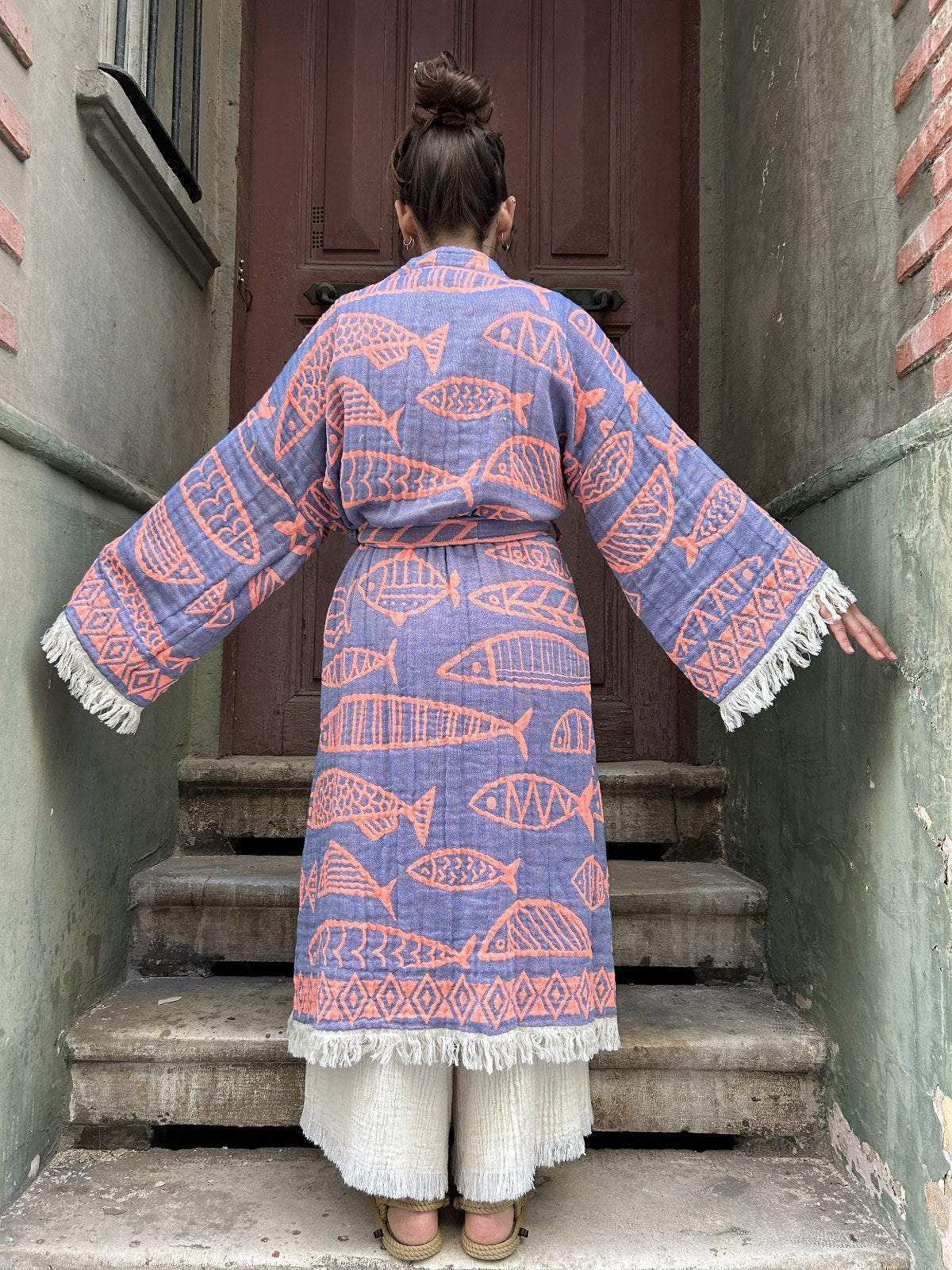 Renkli Kadın Balık Desenli Doğal Kumaş Kimono Bornoz Kaftan