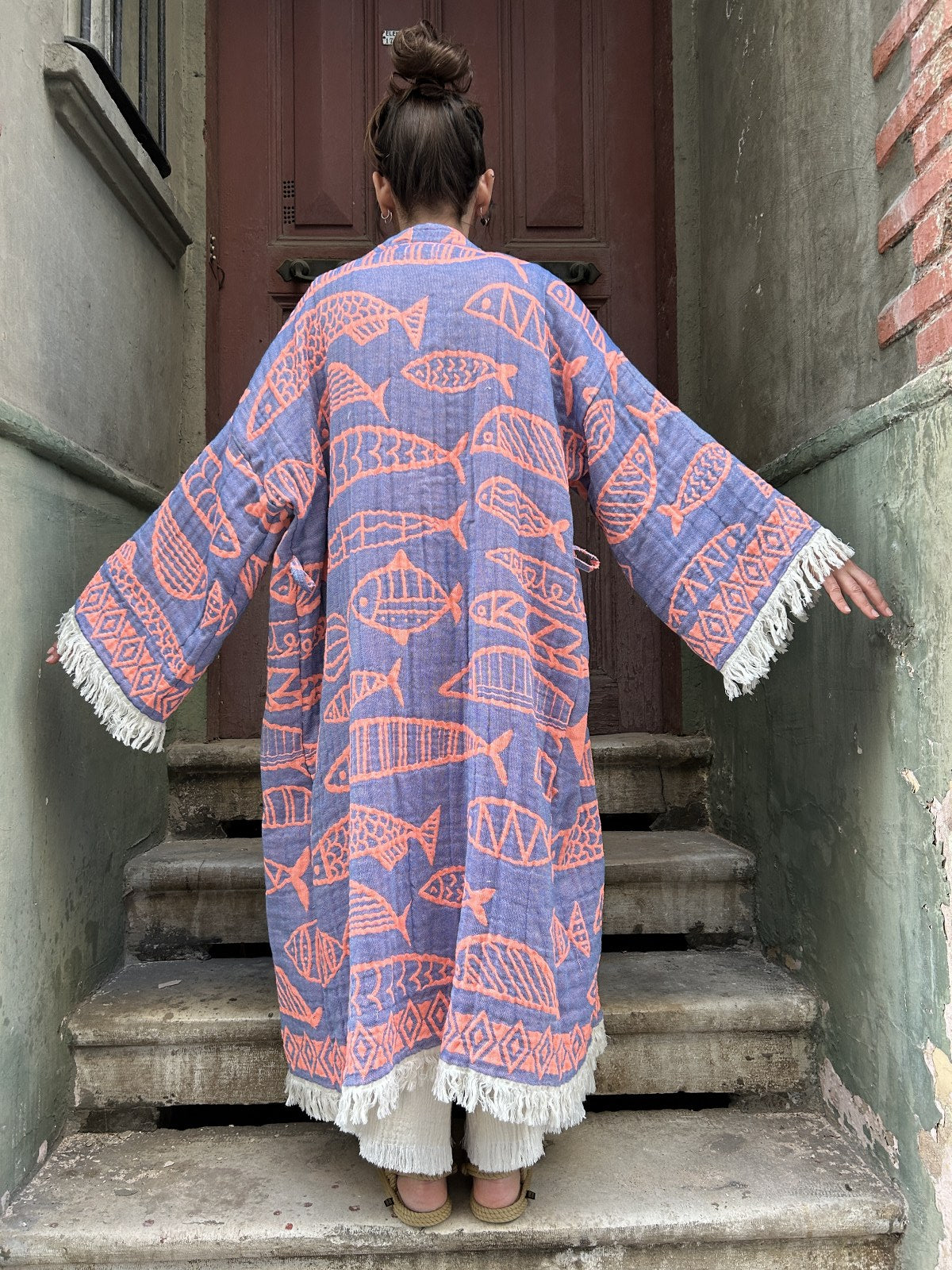 Renkli Kadın Balık Desenli Doğal Kumaş Kimono Bornoz Kaftan