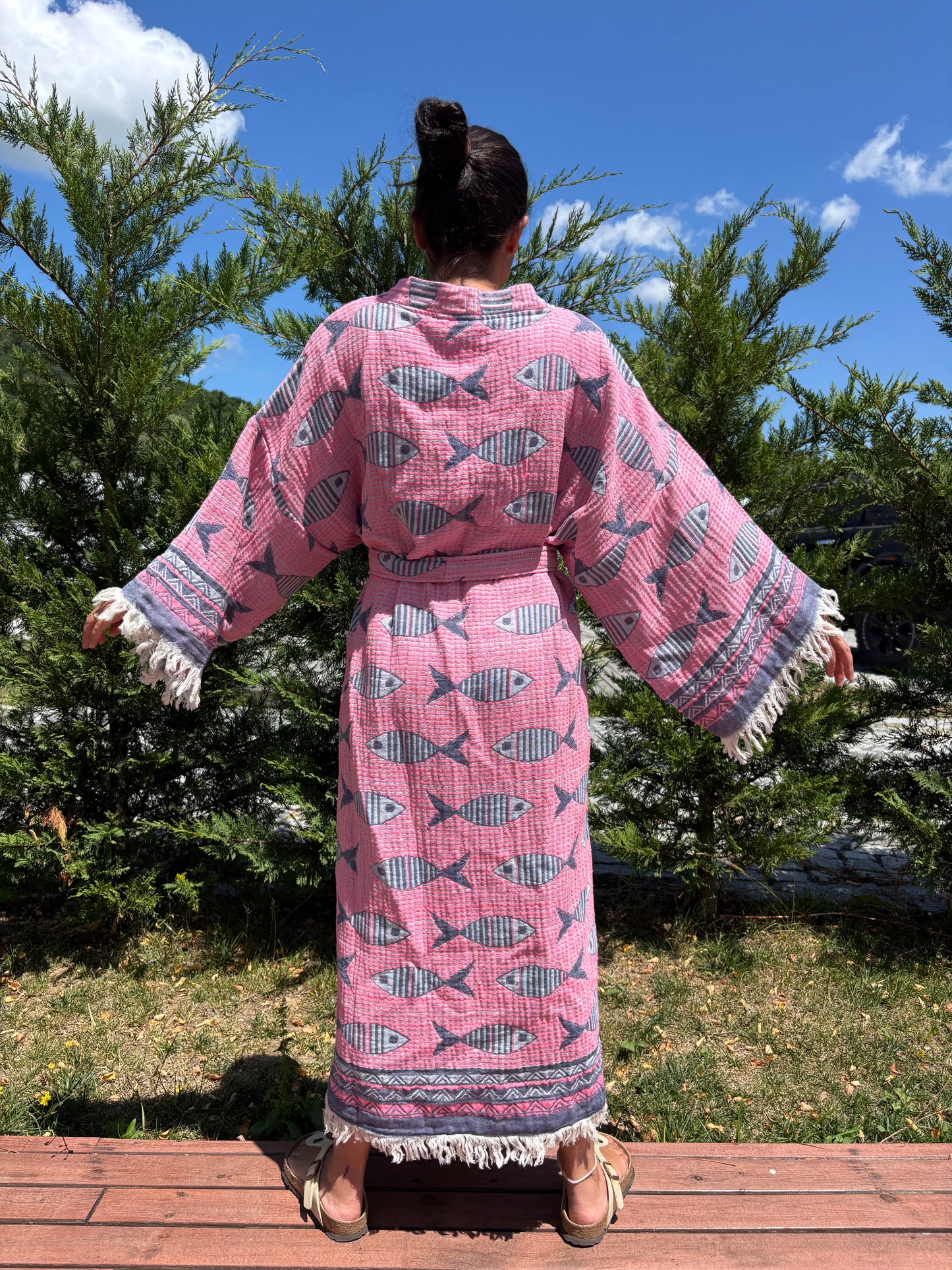 Balık Desenli Pamuk Kaftan Kimono– Kadın Bohem Stil – Pembe