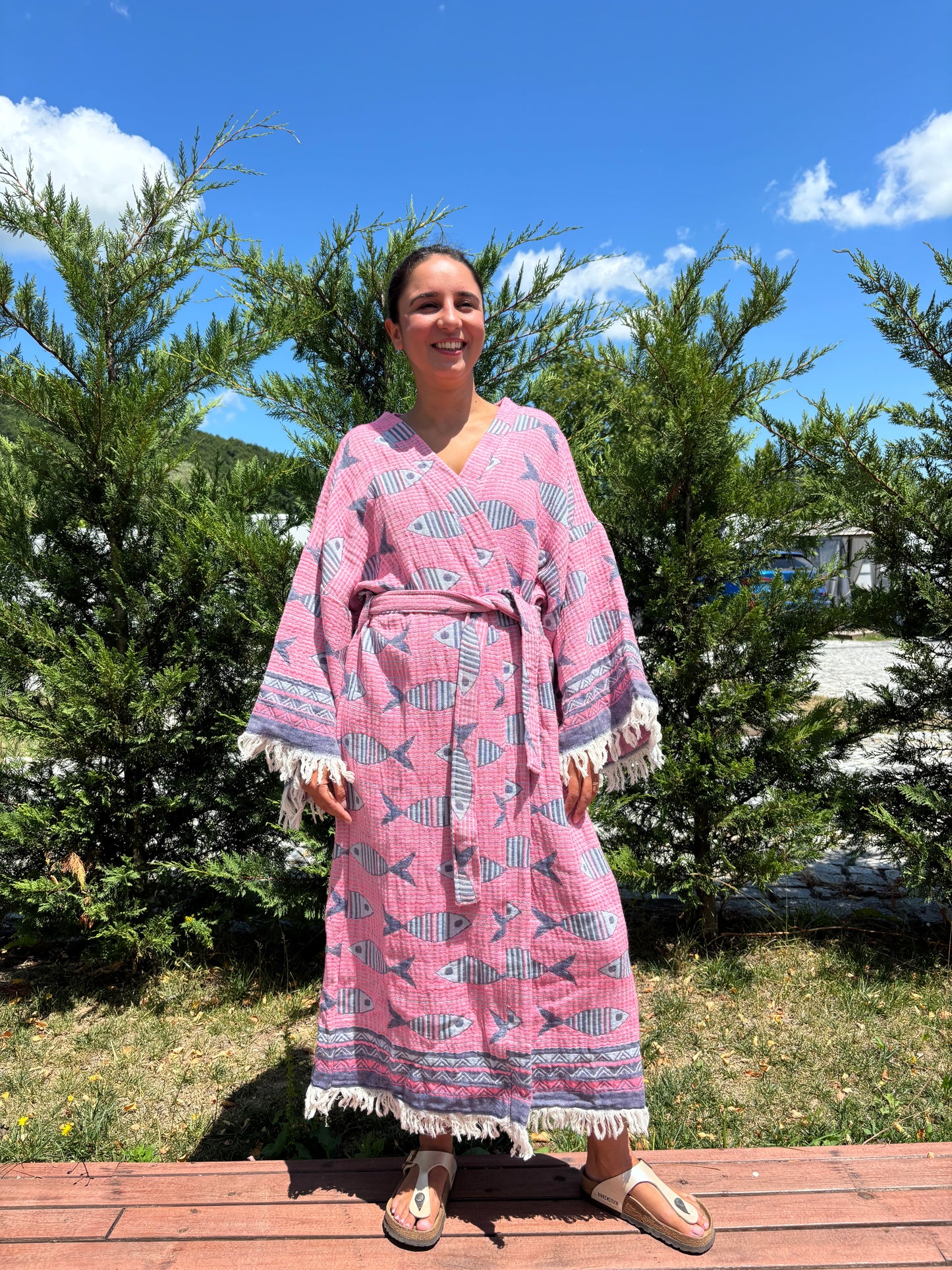 Balık Desenli Pamuk Kaftan Kimono– Kadın Bohem Stil – Pembe