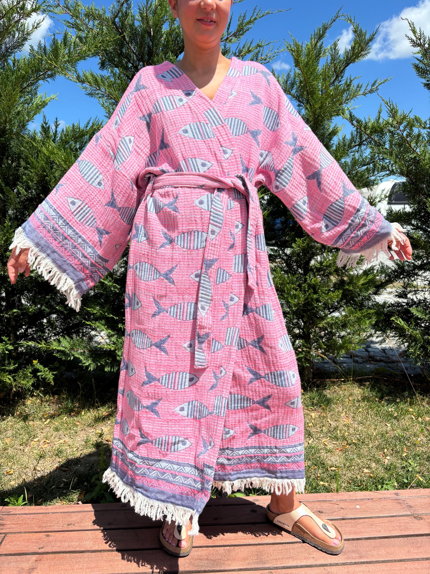 Balık Desenli Pamuk Kaftan Kimono– Kadın Bohem Stil – Pembe