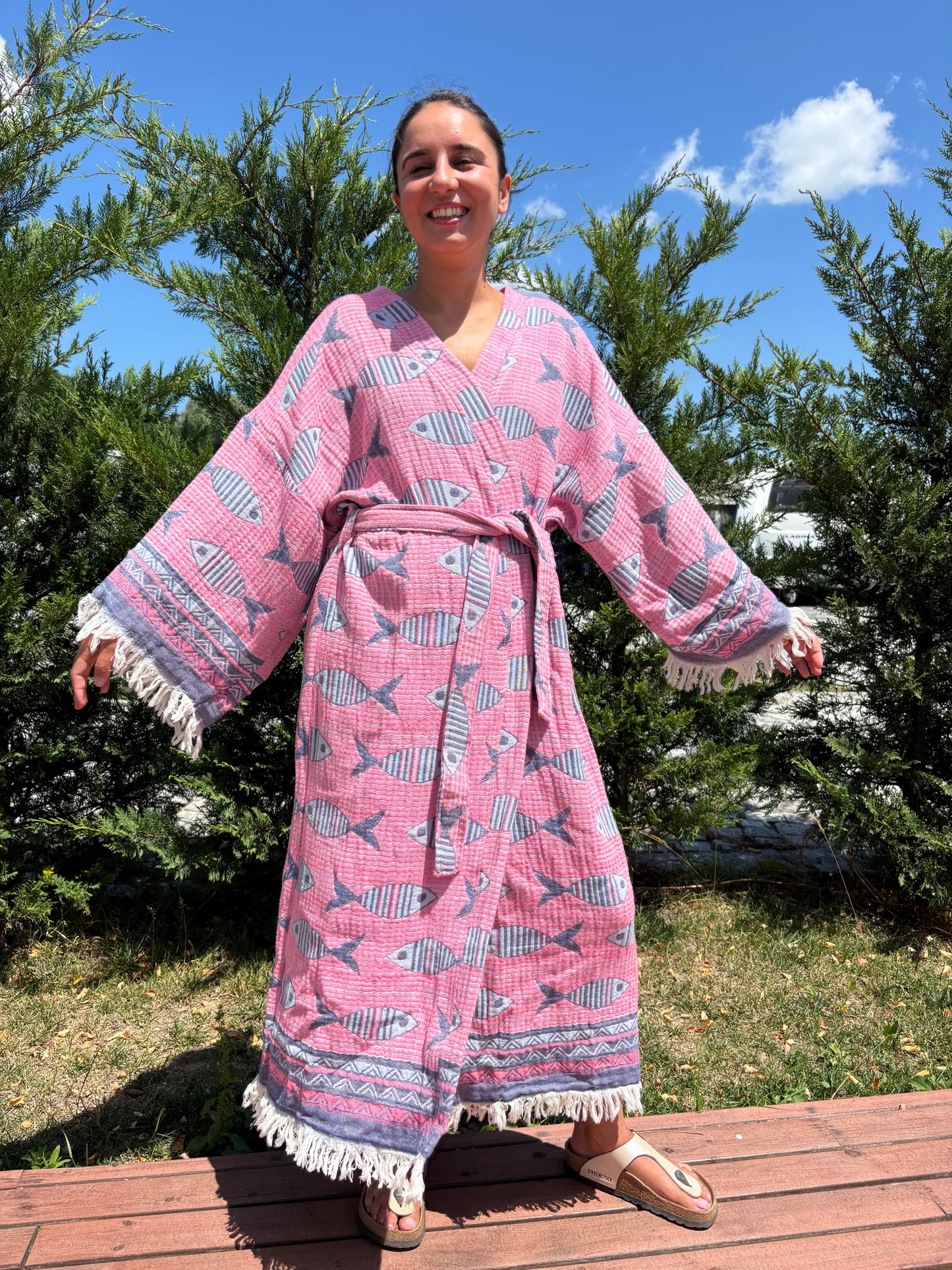 Balık Desenli Pamuk Kaftan Kimono– Kadın Bohem Stil – Pembe