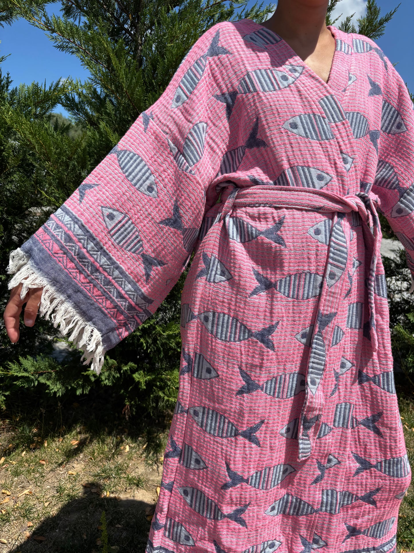 Balık Desenli Pamuk Kaftan Kimono– Kadın Bohem Stil – Pembe