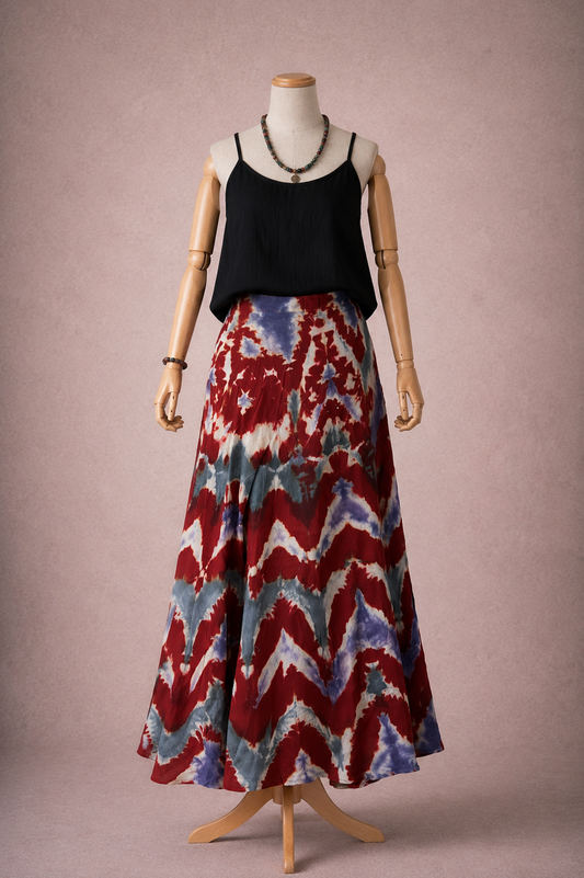 Crimson Wave Batik Sarong Elbise & Bağlamalı Etek – %100 Pamuk