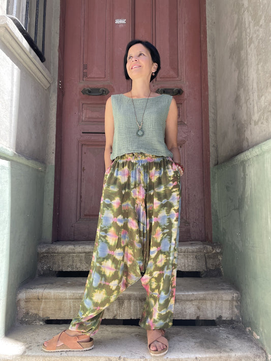Bohem Kadın Yeşil Batik Boyama Yazlık Şalvar Pantolon